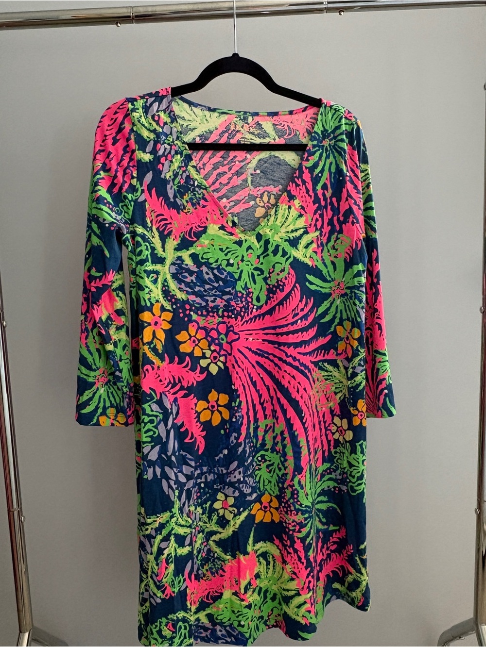 Lilly Pulitzer Neon Pink, Lime Green & Navy Floral V-Neck Dress